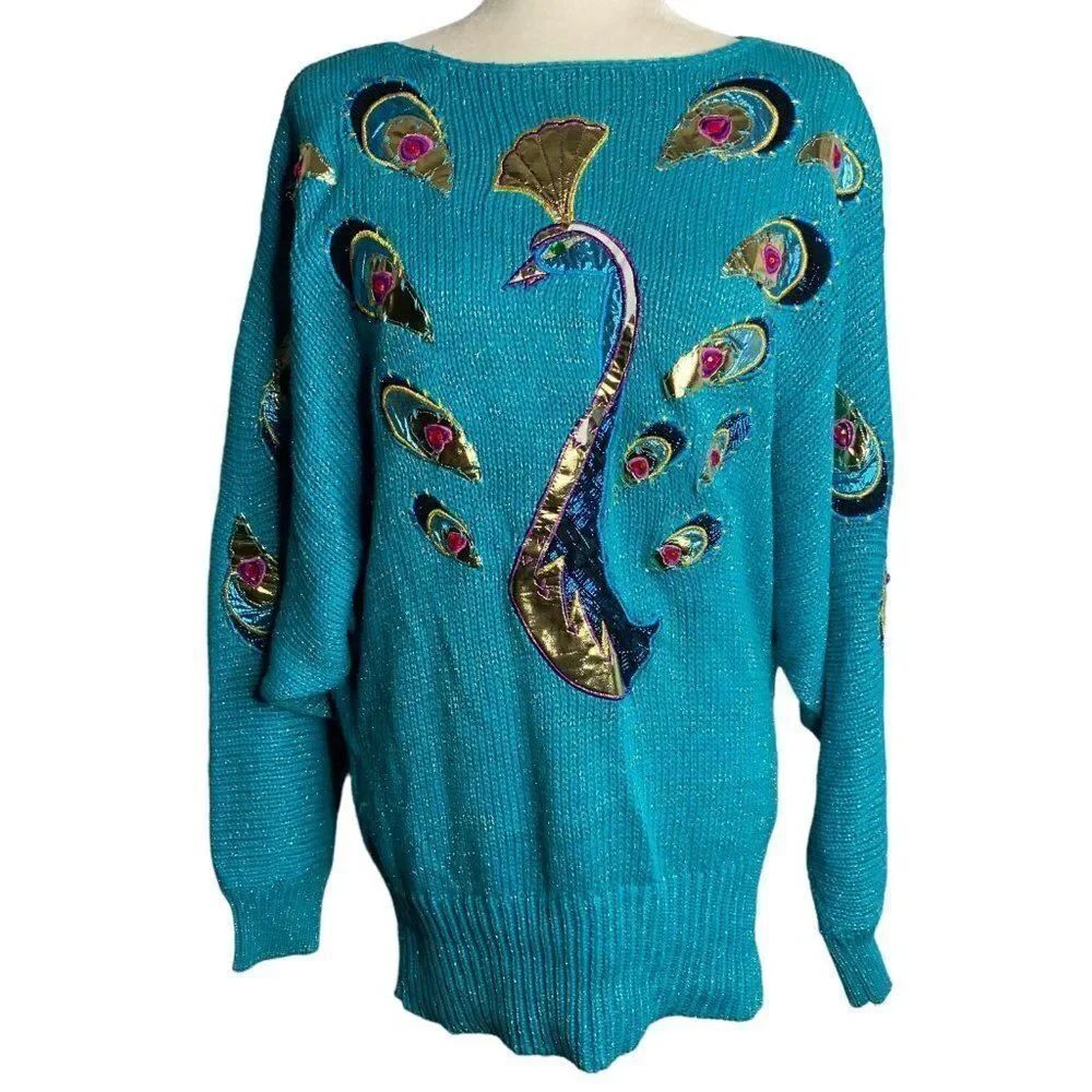 Vintage 80s Peacock Sweater M Turquoise Blue Metallic Dolman Sleeve Oversized